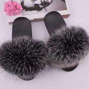 Open Toe Real Fox Fur Slippers Girls Fluffy
